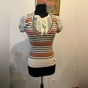 CAROLL 100% Silk Striped Brown ,Creamy and Orange Women's Top blouse size 38